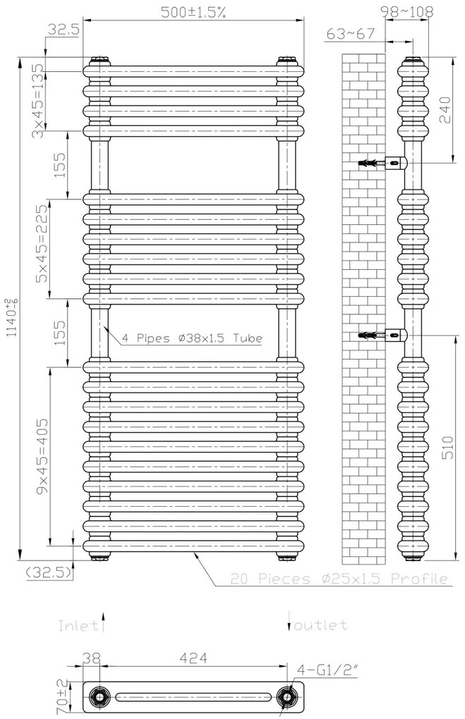 Eastbrook Imperia 2 koloms handdoekradiator 50x115cm 999W antraciet