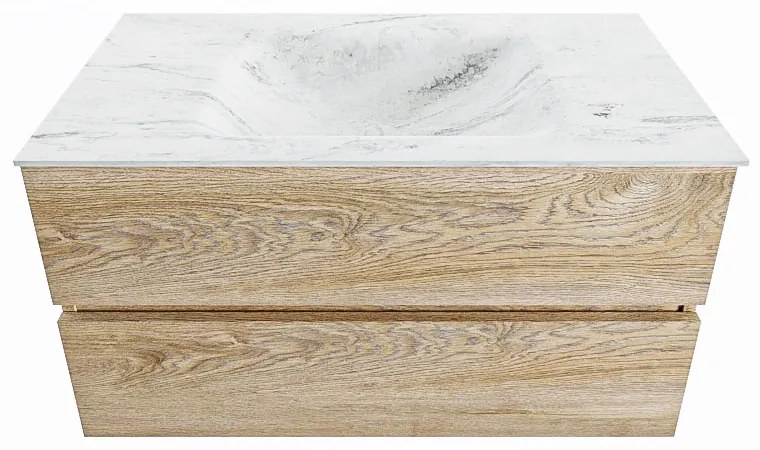 Mondiaz Vica DLux badmeubel 90cm washed oak 2 lades met wastafel opalo midden zonder kraangat