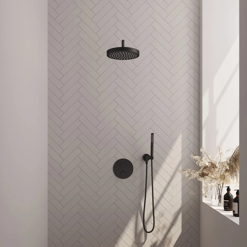 Brauer Stripe inbouw regendouche rond met 25cm hoofddouche, gebogen muurarm en staafhanddouche set 38 zwart mat