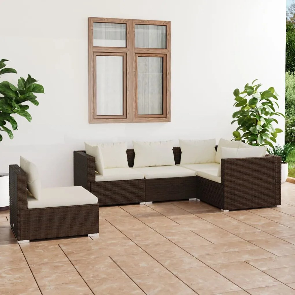 vidaXL 5-delige Loungeset met kussens poly rattan bruin