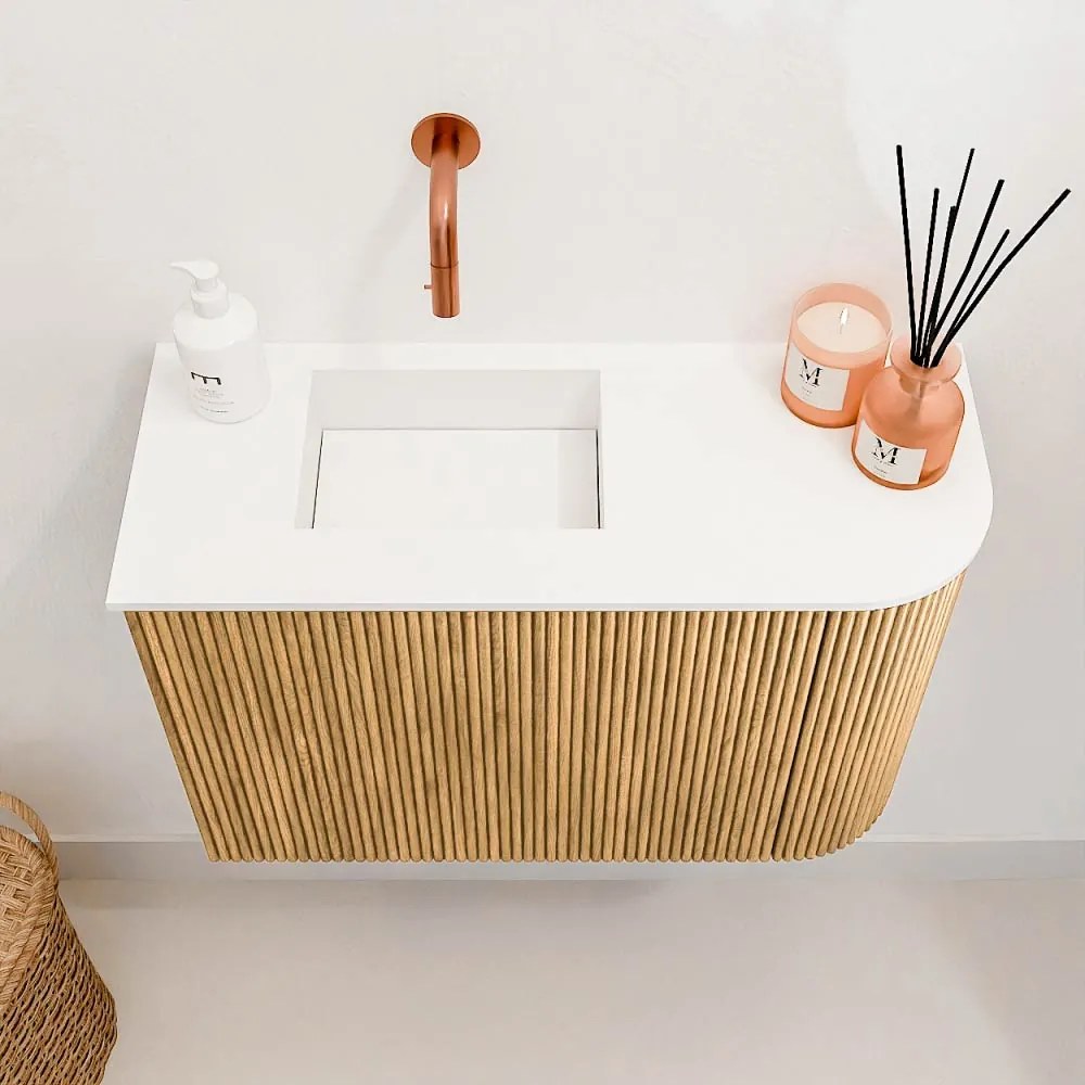 Mondiaz Joya 60cm toiletmeubel ronding rechts oak met wastafel faye links zonder kraangat talc