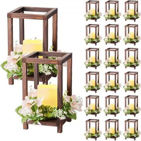 VEVOR set van 20 houten lantaarns, inclusief 20 kandelaars, 20 vlamloze LED-kaarsen en 20 champagnekleurige bloemenkransen voor bruiloftstafels, feesten en boerderijdecoratie, bruin.