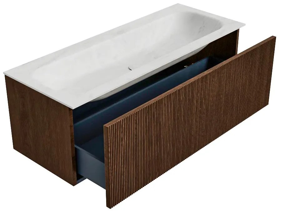 Mondiaz Kurve-dlux 120cm badmeubel walnut met 1 lade en wastafel big large midden 2 kraangaten opalo