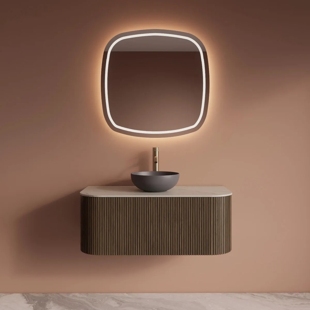 Gliss Design Alluro badmeubel ribbelfront met ronding links/rechts 100cm ash grey en wit marmer toppaneel