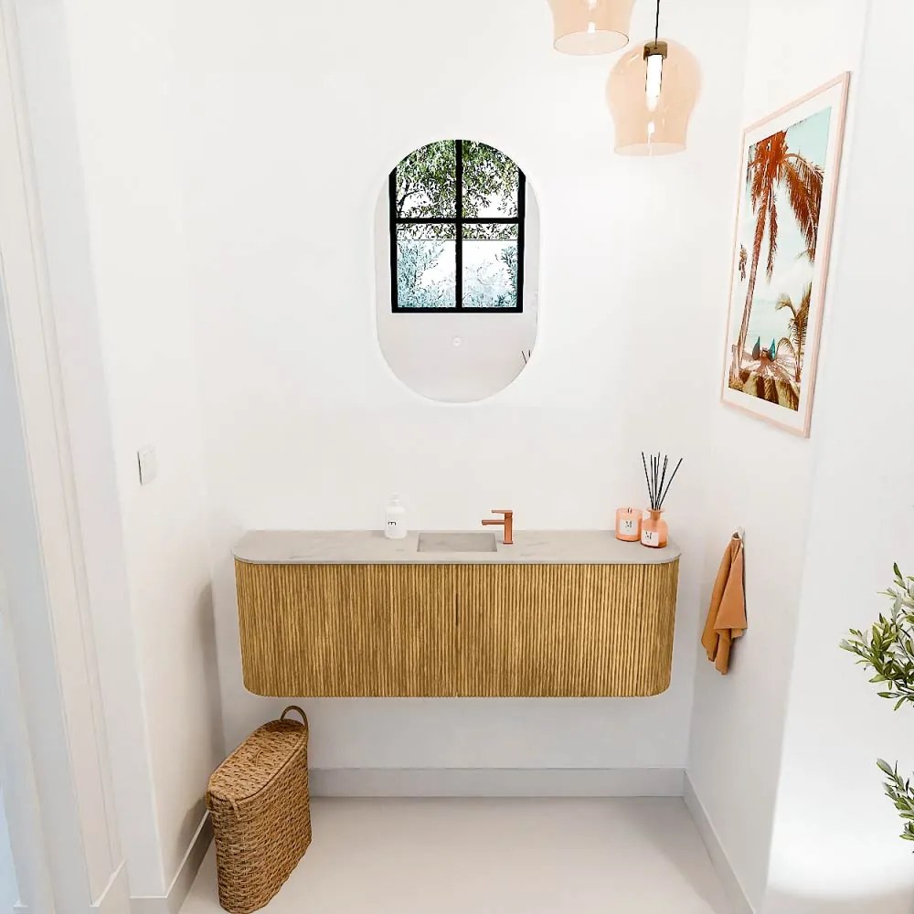 Mondiaz Joya DLux 125cm toiletmeubel ronding links/rechts oak met wastafel faye midden 1 kraangat opalo