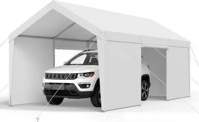 VEVOR Tent Garage, 3,05 x 6,09 x 2,87 m Autohoes, Carport met verwijderbare zijwanden en deur, Autooverkapping, UV-bestendig en waterafstotend, All-Season bescherming voor auto en boot, Wit