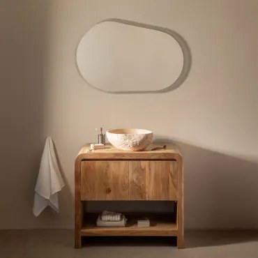 Vacry Houten Badkamermeubelset Acacia Bruin & Onregelmatige In Beige Cement ↔︎40 Cm Fedro & Ovaal Led En Anticondens 100x80 Cm Riben - Sklum