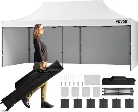 VEVOR Pavilion 304,8 x 609,6 x 320 cm Tuintent 500D PU Zilveren Stof Opvouwbare Paviljoen Hoogte Verstelbaar Inclusief Opbergtas Partytent 12-16 Personen Pop-up Tent Tuinpaviljoen voor Kampeertrip
