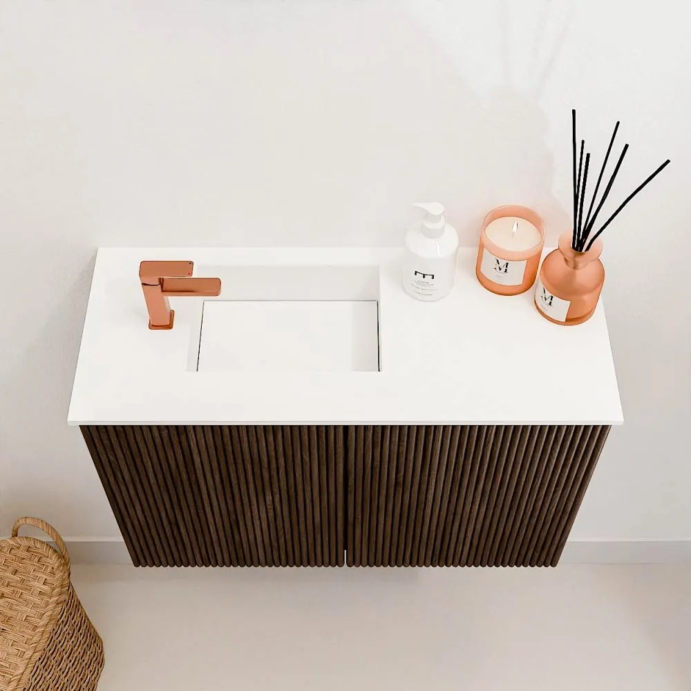 Mondiaz Joya 60cm toiletmeubel walnut met wastafel faye links 1 kraangat talc