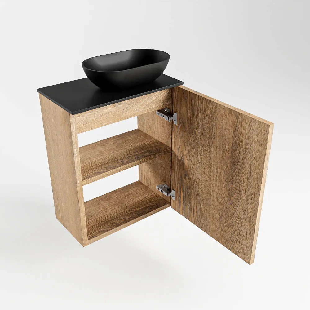 Mondiaz Fowy toiletmeubel 40cm washed oak met zwarte waskom rechts en kraangat