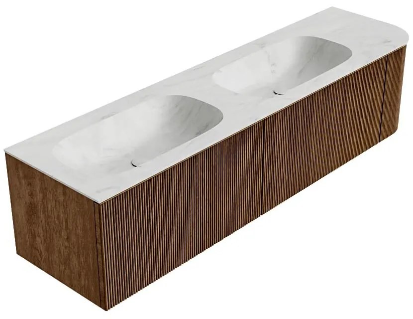 Mondiaz Kurve-dlux 175cm badmeubel ronding rechts walnut met 2 lades en 1 deur en wastafel stor small dubbel/links zonder kraangat opalo