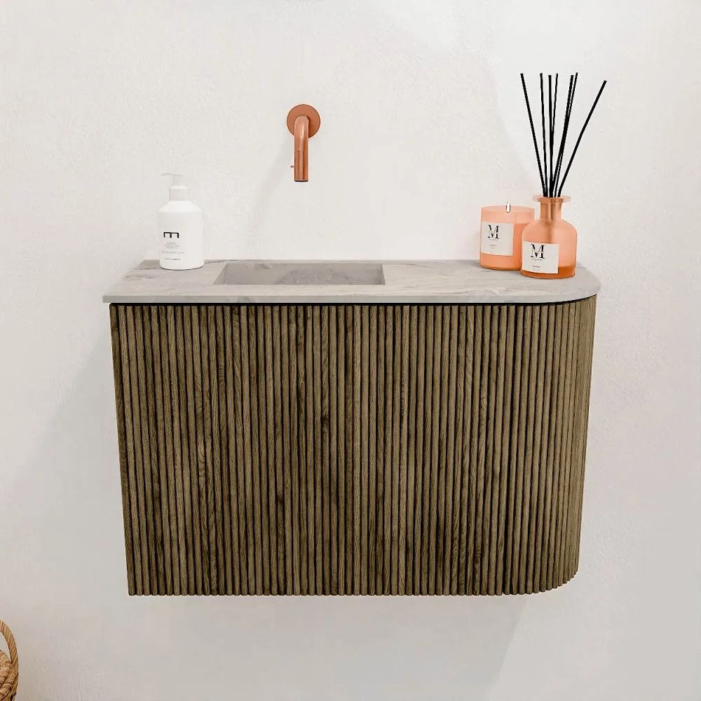 Mondiaz Joya DLux 60cm toiletmeubel ronding rechts dusk met wastafel faye links zonder kraangat glace