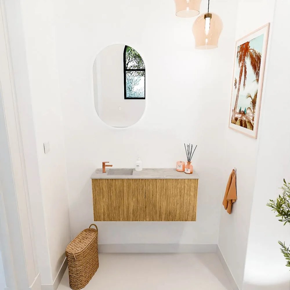 Mondiaz Joya DLux 90cm toiletmeubel oak met wastafel faye links 1 kraangat glace