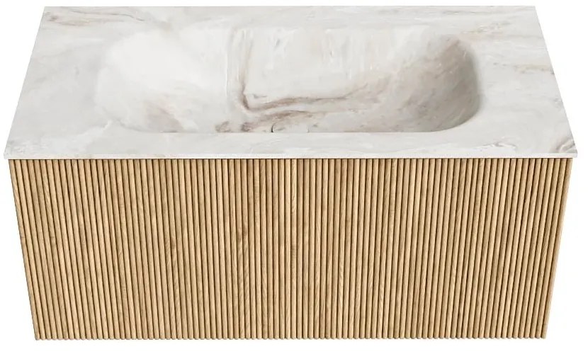 Mondiaz Kurve-dlux 90cm badmeubel oak met 1 lade en wastafel big small midden 1 kraangat frappe