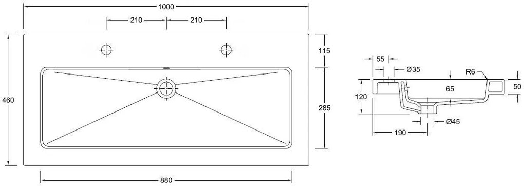 Mueller Single flat meubelwasbak 100x46cm met 2 kraangaten