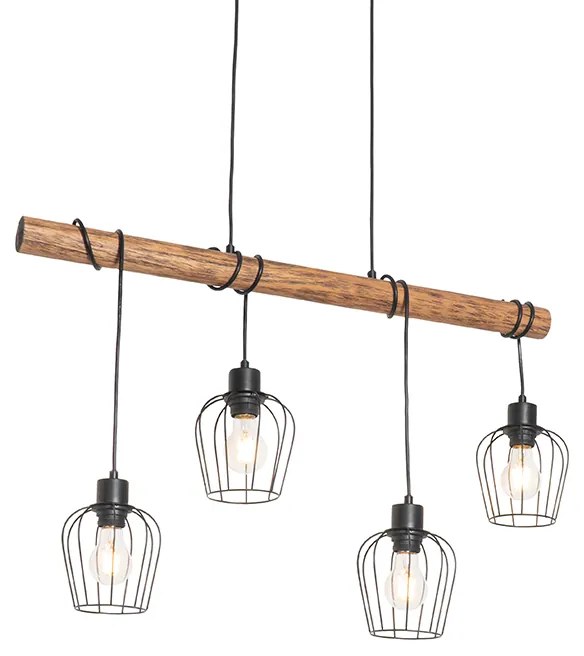 Smart hanglamp zwart met hout incl. 4 Wifi A60 - Stronk