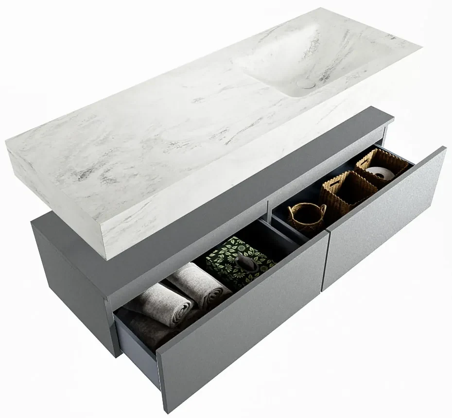 Mondiaz Alan DLux badmeubel 130cm plata 2 lades met wastafel opalo rechts 1 kraangat