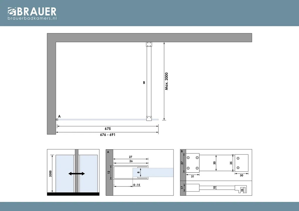 Brauer Oblivion inloopdouche helder glas 70cm RVS geborsteld PVD