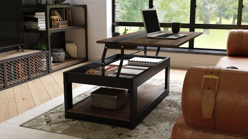 LUSSO Bruin Eiken/Zwart Mat - MODERNE SALONTAFEL MET VERHOOGD BLAD + OPBERGRUIMTE + SCHAP (OP WIELEN!)