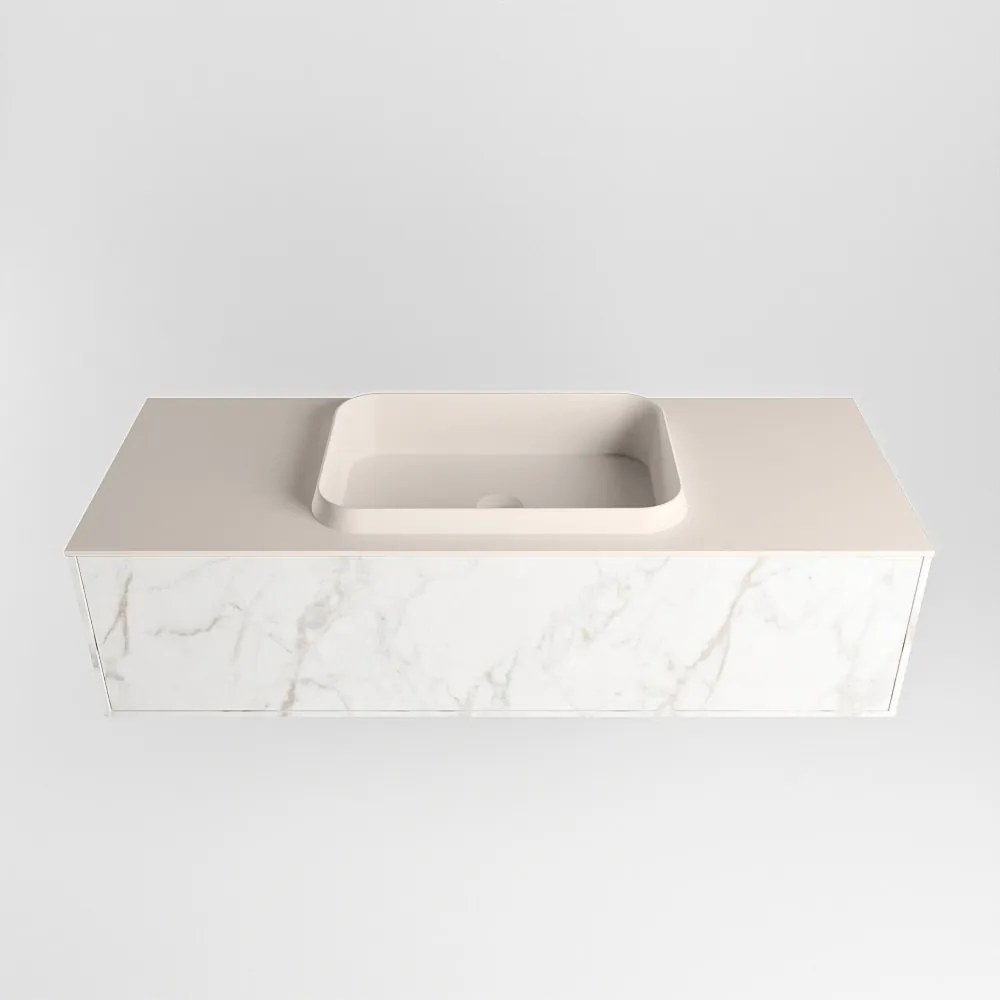 Mondiaz Erin 120cm badmeubel Carrara met 1 lade en beige wastafel midden zonder kraangaten