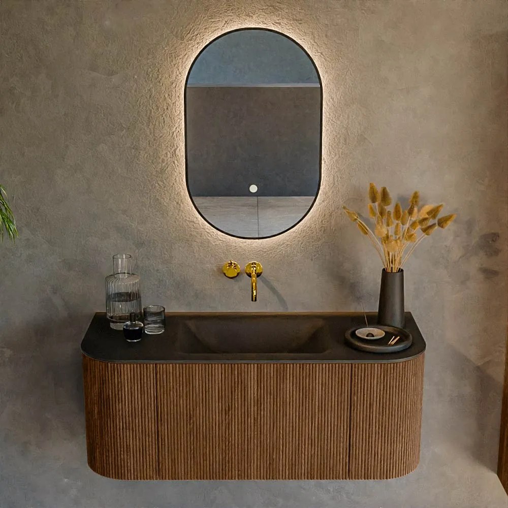 Mondiaz Kurve 110cm badmeubel ronding links/rechts walnut met 1 lade en 2 deuren en wastafel cloud midden zonder kraangat urban