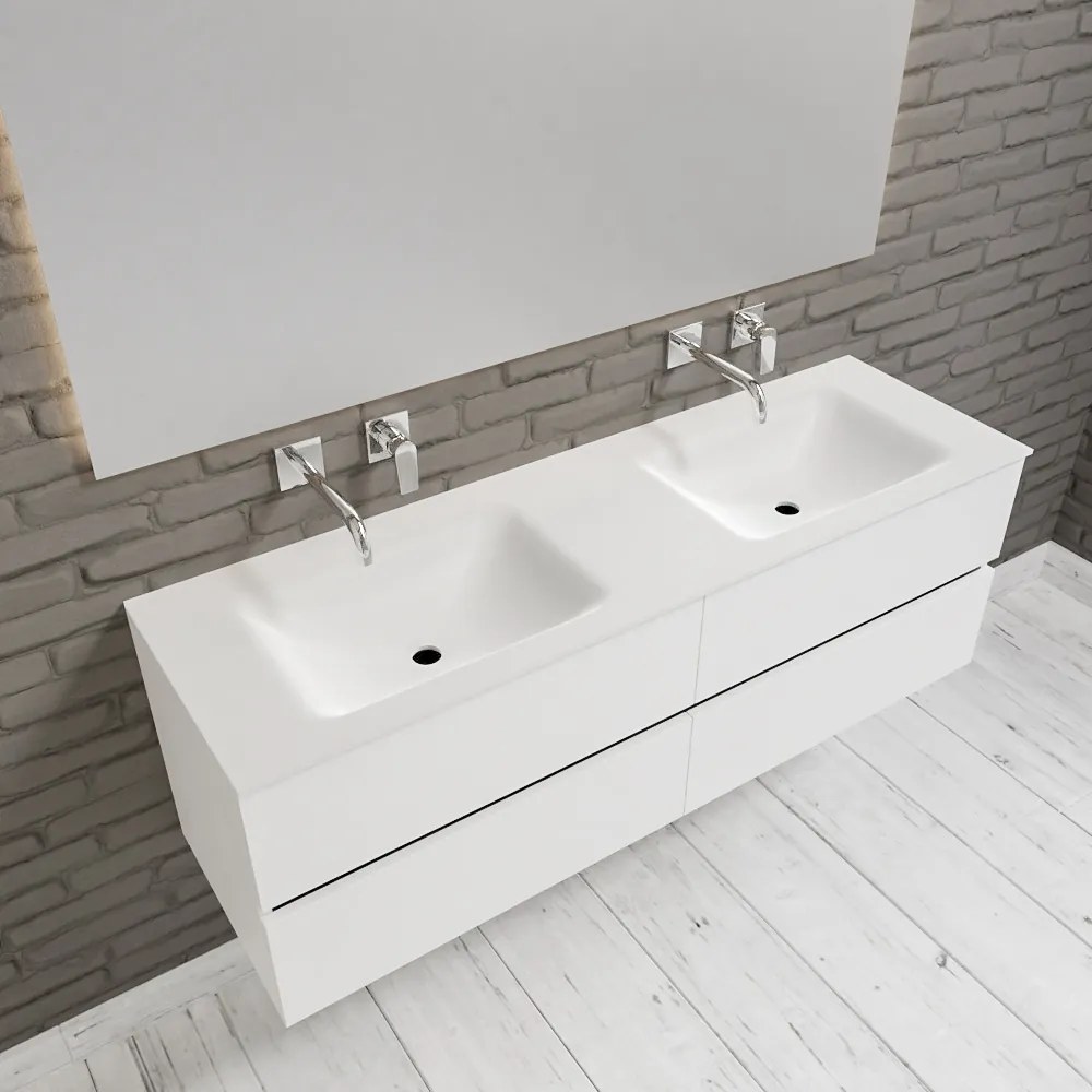 Zaro Valencia Solid Surface badmeubel 150cm mat wit zonder kraangat dubbele spoelbak 4 lades