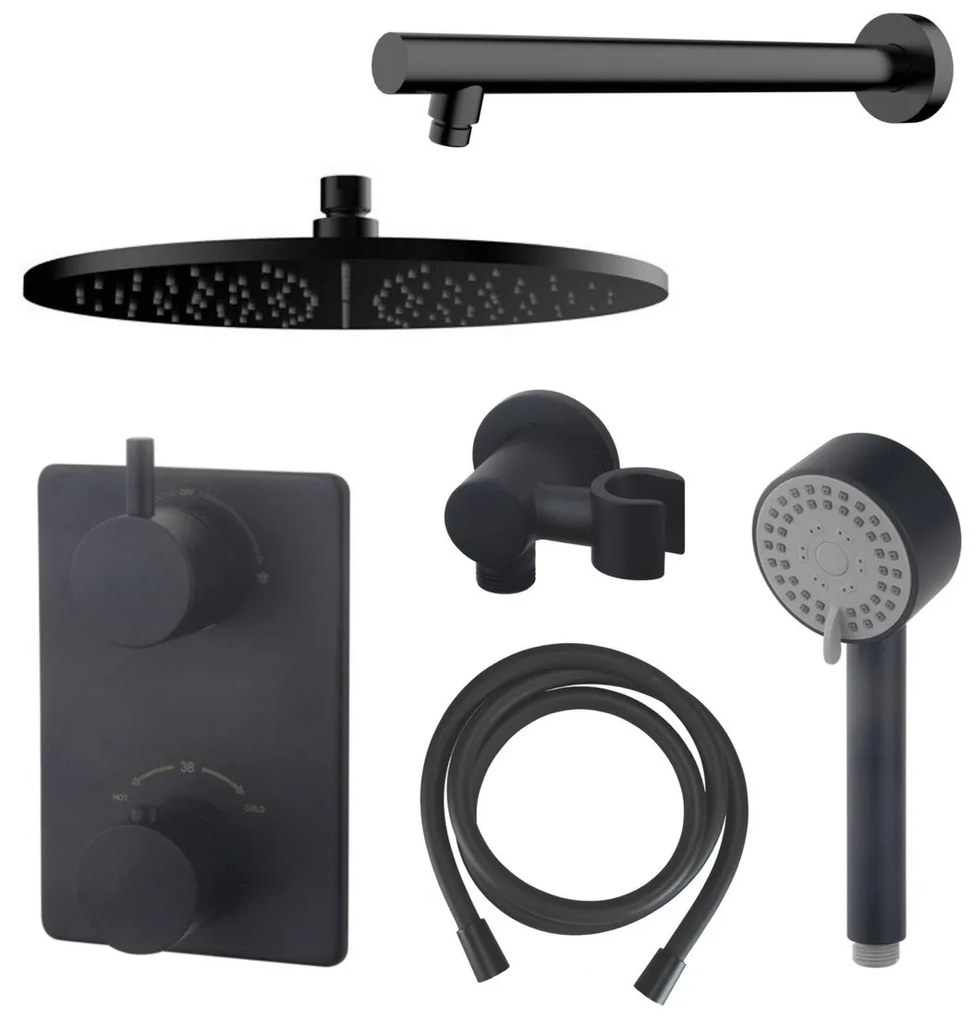 Mueller Black inbouw doucheset rond met 30cm hoofddouche wandarm 3 standen handdouche mat zwart