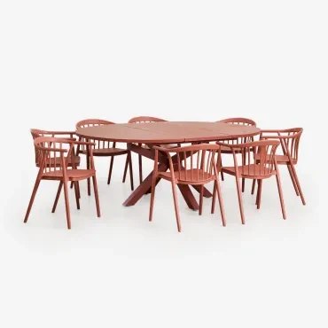 Set Van 145-200x145 Cm Ronde Uitschuifbare Tafel In Barces Aluminium En 10 Stapelbare Eetkamerstoelen Met Ivor Armleuningen Terracota - Sklum