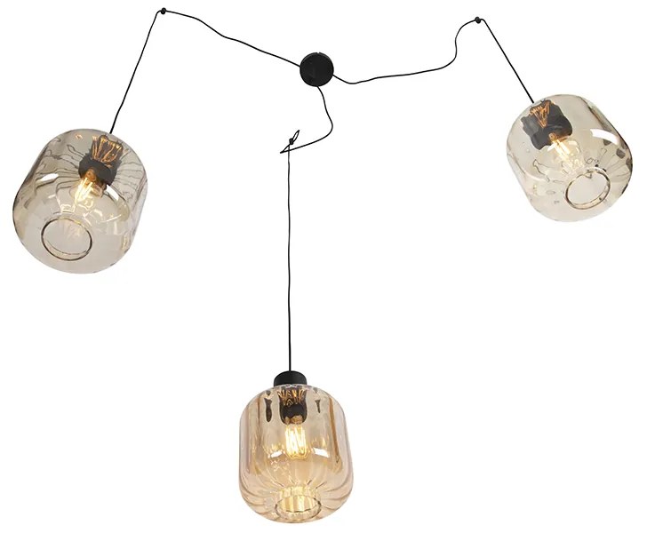 Design hanglamp zwart met amber glas 3-lichts 226 cm - Qara