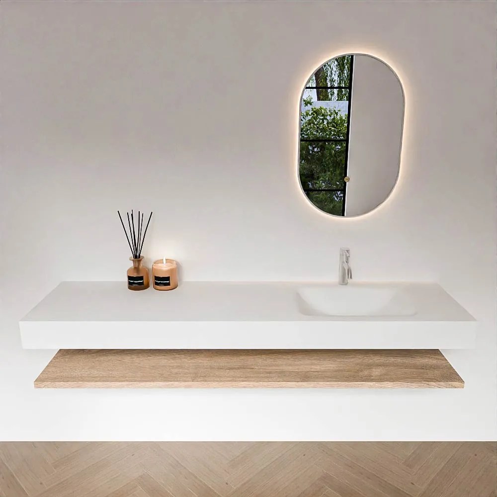 Zaro Alan badmeubel 180cm met planchet washed oak en vrijhangende wastafel cloud rechts 1 kraangat talc