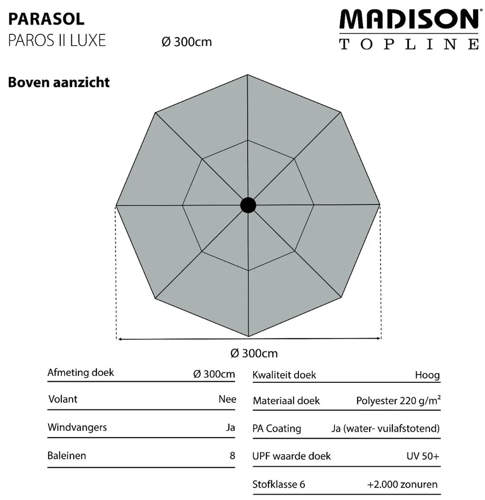 Madison Paros 2 luxe stokparasol - 300 cm. - Safier Blue OP=OP