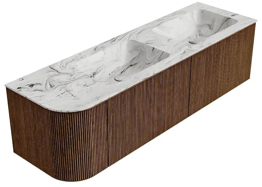 Mondiaz Kurve-dlux 155cm badmeubel ronding links walnut met 2 lades en 1 deur en wastafel leaf dubbel/rechts 2 kraangaten glace