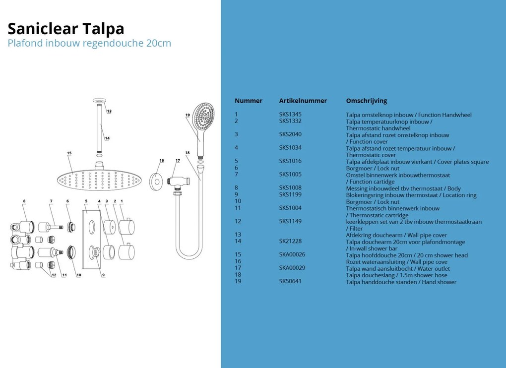 Saniclear Talpa inbouwregendouche 20cm met plafondarm en 2 standen handdouche chroom