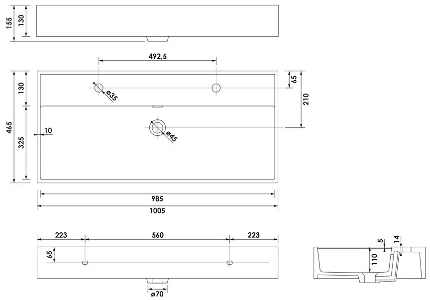 Brauer Lunar wastafel keramiek 100cm met 2 kraangaten wit glans