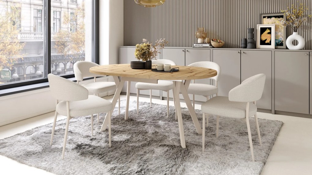 IRIS Beige (stof Basel 24) / beige onderstel – MODERNE GESTOFFEERDE STOEL VOOR WOONKAMER / EETKAMER IN BOHO-STIJL