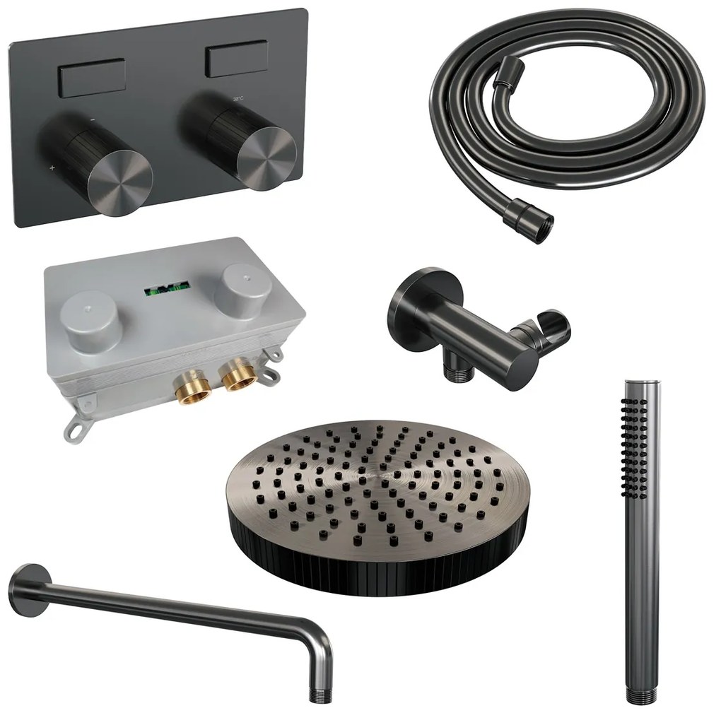 Brauer Stripe inbouw regendouche met 25cm hoofddouche, gebogen muurarm en staafhanddouche set 26 gunmetal geborsteld PVD