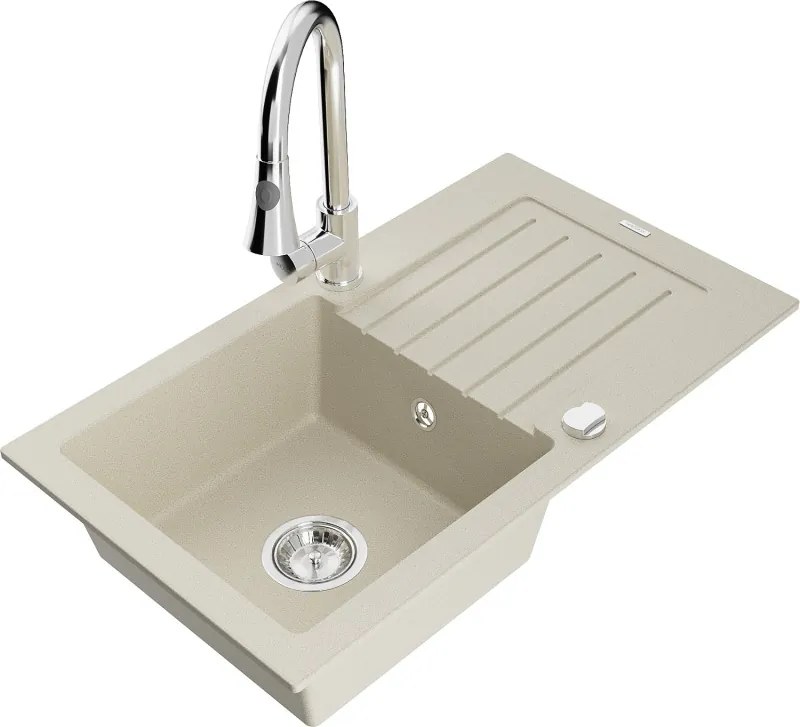 Mexen Pablo granitische spoelbak met 1 bak, afdruiprek en keukenmengkraan Elia, beige - 6510-69-670101-00
