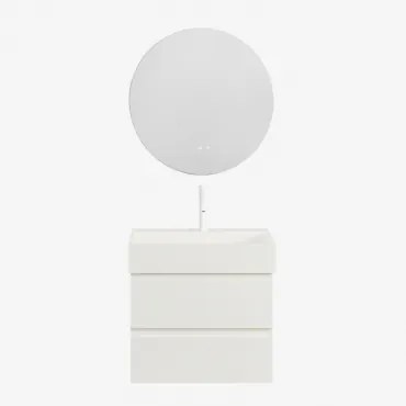 Ona Zwevend Badkamermeubelset Van Hout En Essenfineer Met Geïntegreerde Wastafel Wit & Round Led And Antifog Ø70 Cm Riben & Wit - Sklum