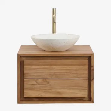 Jabari Zwevend Badkamermeubelset Van Teakhout Teakhout & Rond Cement Wit Ø40 Cm Zavion & Spiegelloze & Goud ↑30 Cm Met - Sklum