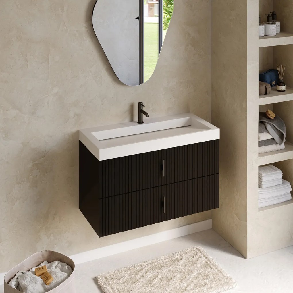 Muebles Estella badmeubel ribbelfront 100cm zwart mat met solid surface wastafel met kraangat