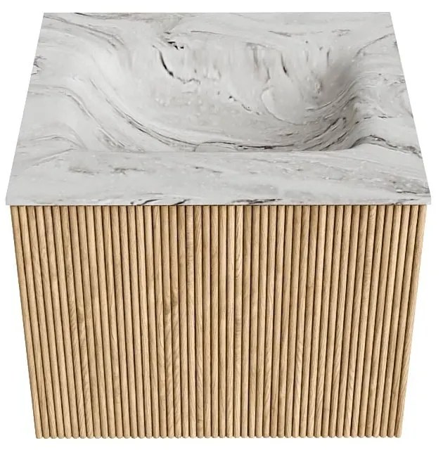 Mondiaz Kurve-dlux 50cm badmeubel oak met 1 lade en wastafel grunne midden 1 kraangat glace