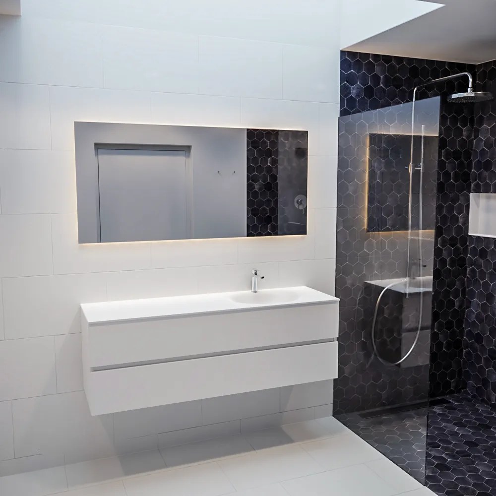 Mondiaz Vica 150cm badmeubel talc 2 lades wastafel Moon rechts met 1 kraangat