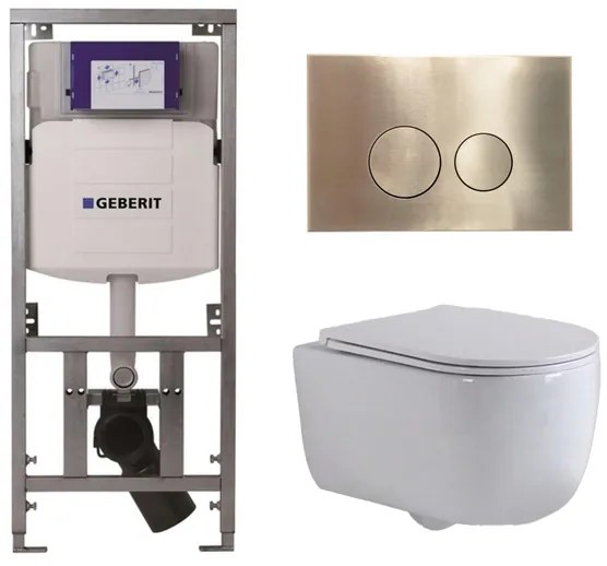 QeramiQ Dely Swirl Toiletset - 36.3x51.7cm - diepspoel - rimless - Geberit UP320 inbouwreservoir - met Burda frame -slim zitting - geborsteld messing bedieningsplaat - ronde knoppen - wit mat 0701131/SW706200/SW1000766/sw1026257