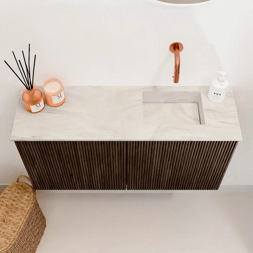 Mondiaz Joya DLux 80cm toiletmeubel walnut met wastafel faye rechts zonder kraangat ostra