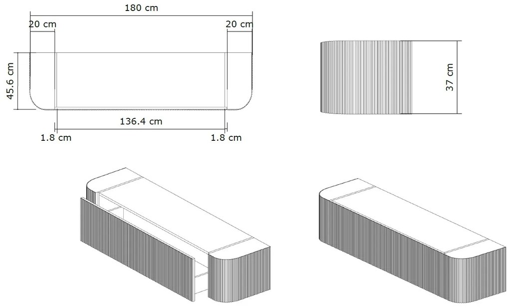 Gliss Design Alluro badmeubel ribbelfront met ronding links/rechts 180cm walnut en wit marmer toppaneel
