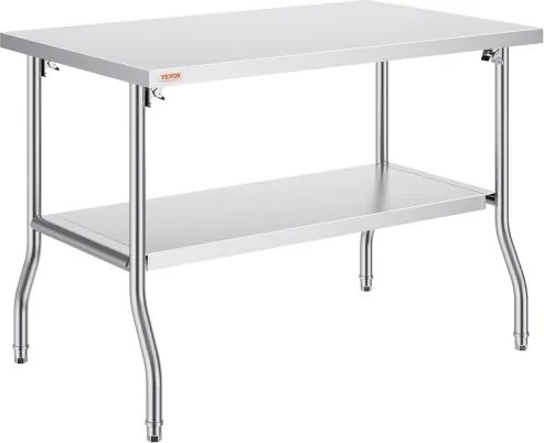 VEVOR Commerciële Werktafel, 1220 x 762 mm, Opvouwbare Commerciële Voorbereidingstafel, Opvouwbare Tafel met Twee Planken van Roestvrij Staal, Keukenwerktafel met Draagvermogen van 350 kg, Zilverkleurig Keukeneiland