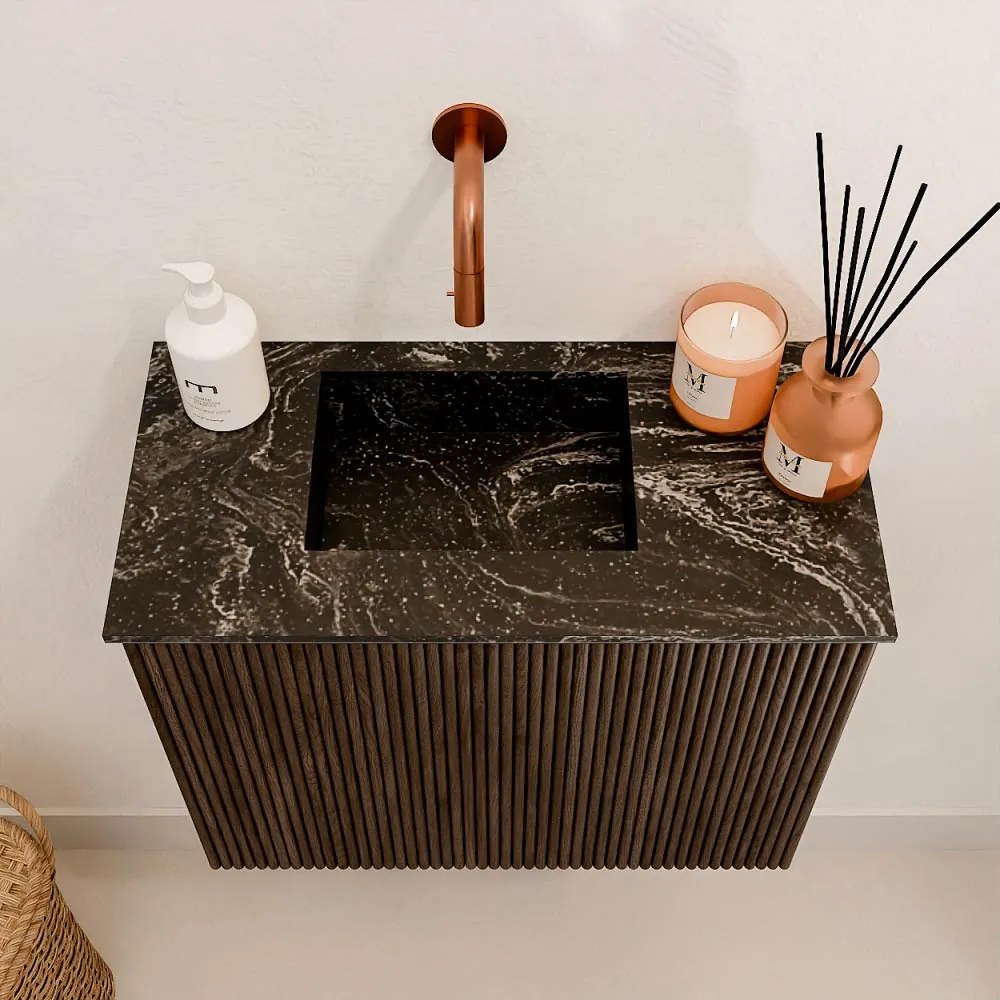 Mondiaz Joya DLux 50cm toiletmeubel walnut met wastafel faye links zonder kraangat lava