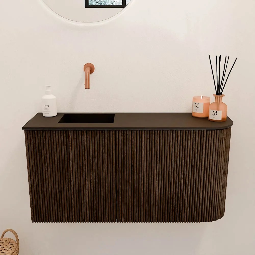 Mondiaz Joya 80cm toiletmeubel ronding rechts walnut met wastafel faye links zonder kraangat urban