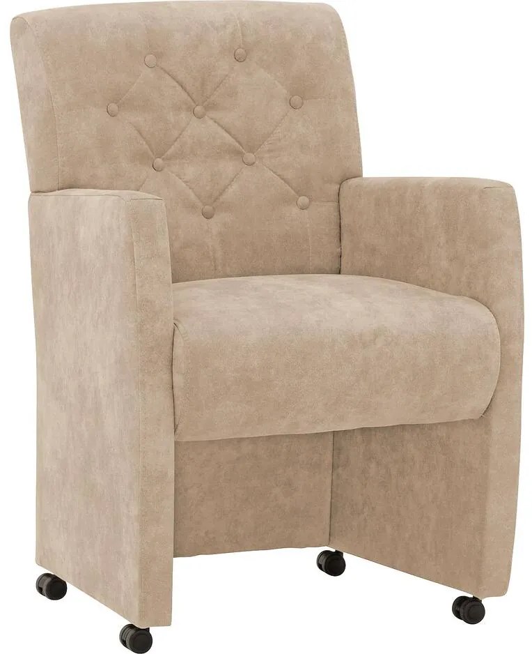 Goossens Eetkamerstoel Oliver beige microvezel met armleuning en met wielen, stijlvol landelijk