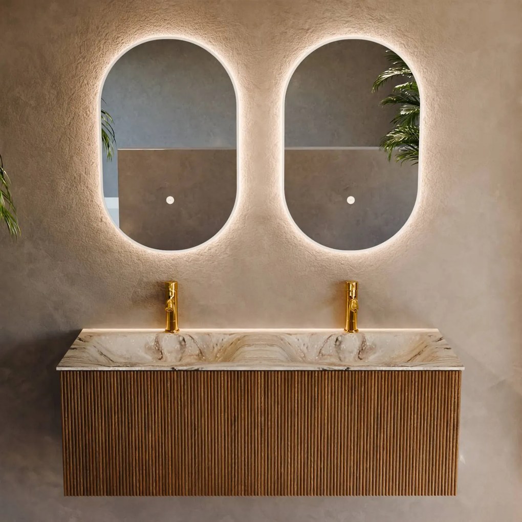 Mondiaz Kurve-dlux 120cm badmeubel dusk met 1 lade en wastafel leaf dubbel 2 kraangaten glace